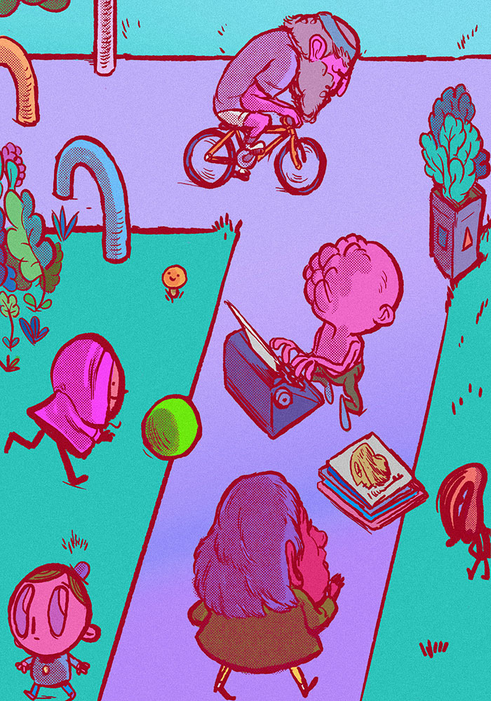 A neighbourhood of characters going about their days