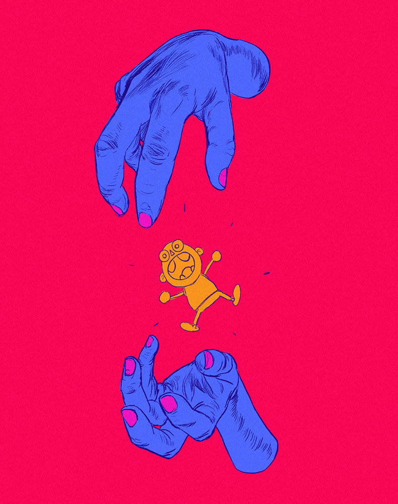 Large, blue, disembodied hands materialise a small being